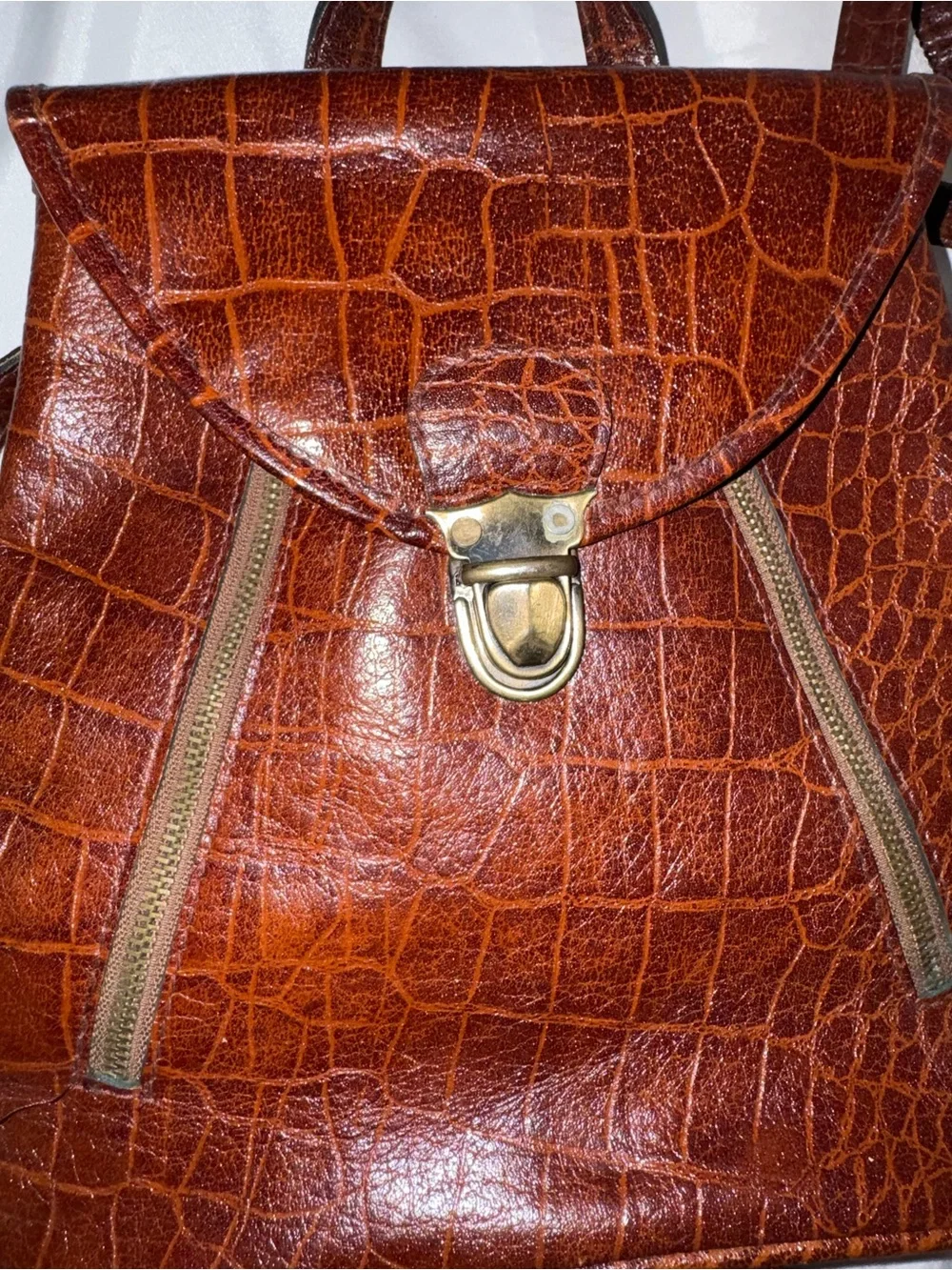 Studio Angelino 90s Vintage Brown Croc-Embossed Leather Backpack Purse